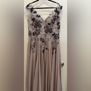 Daymour Couture Alexander gown in shade is clay (purple mauve family).